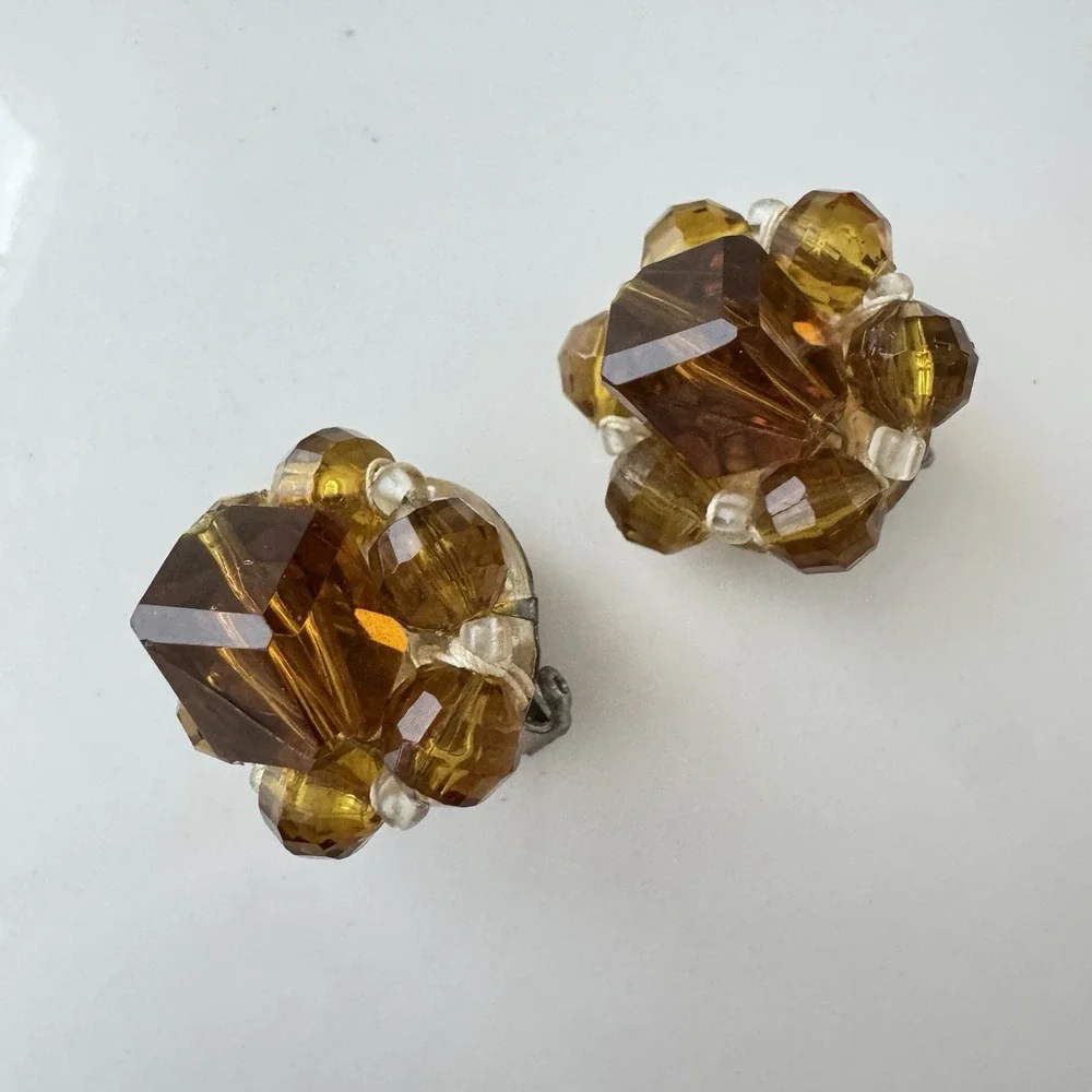 Vintage Amber Color‎ Beaded Cluster Clip Earrings Lucite Western Germany Classic
